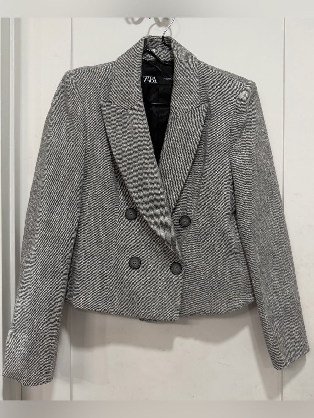 Zara Gray Herringbone Cropped Double-Breasted Blazer